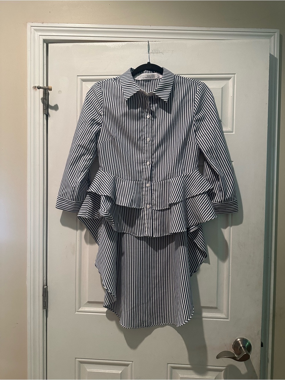 Soho Navy & White Striped Ruffle High-Low Button-Up Shirt